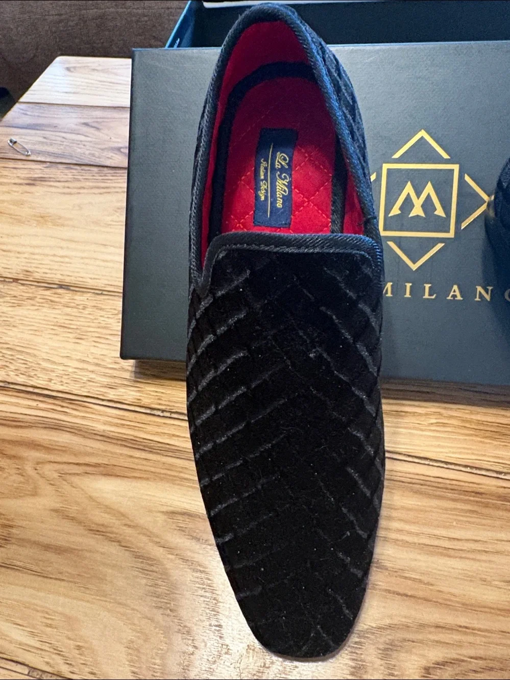 Milano Black Velvet Slip-On Loafers with Red Quilted Lining